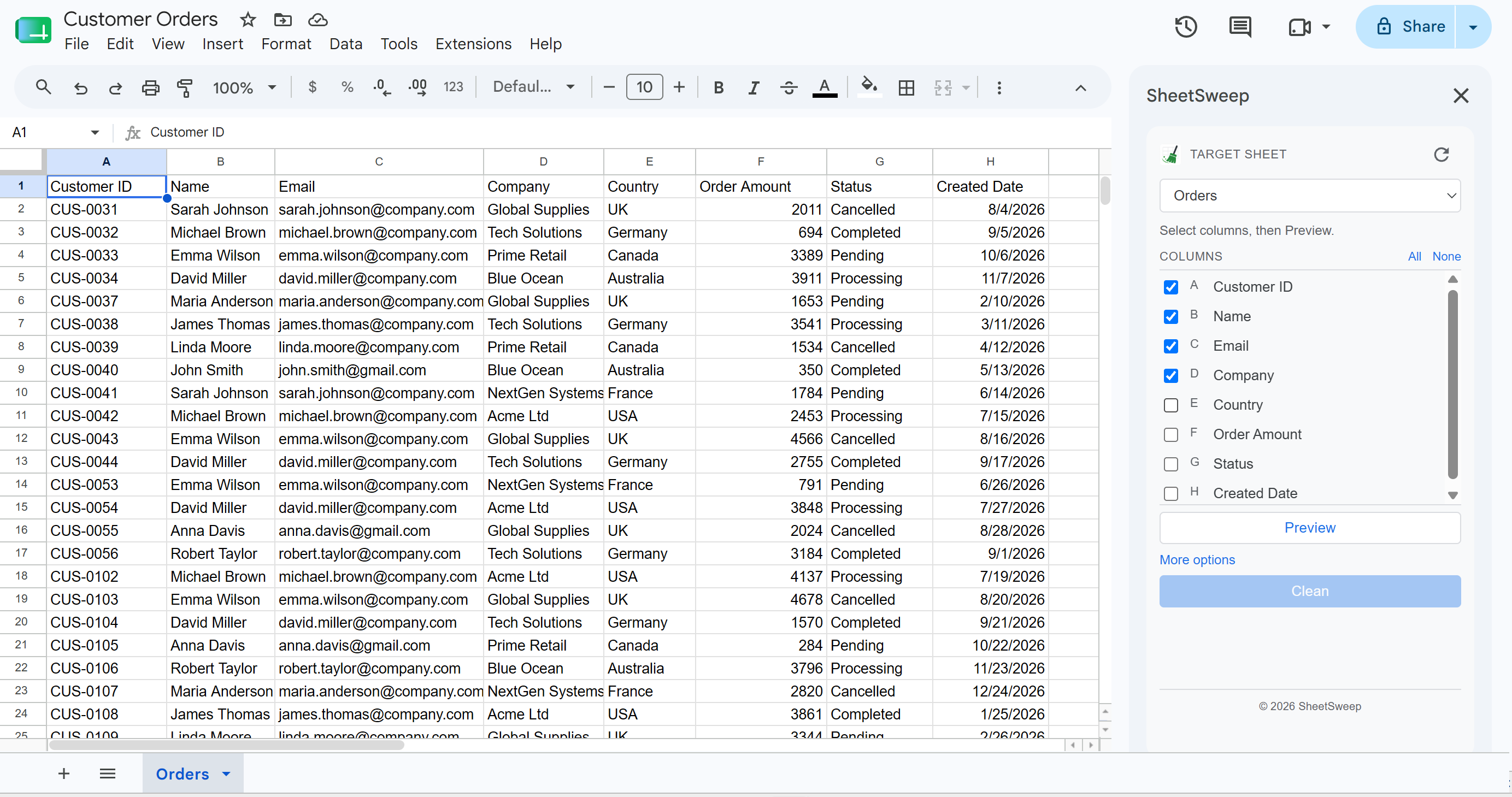 SheetSweep sidebar: select target sheet and columns