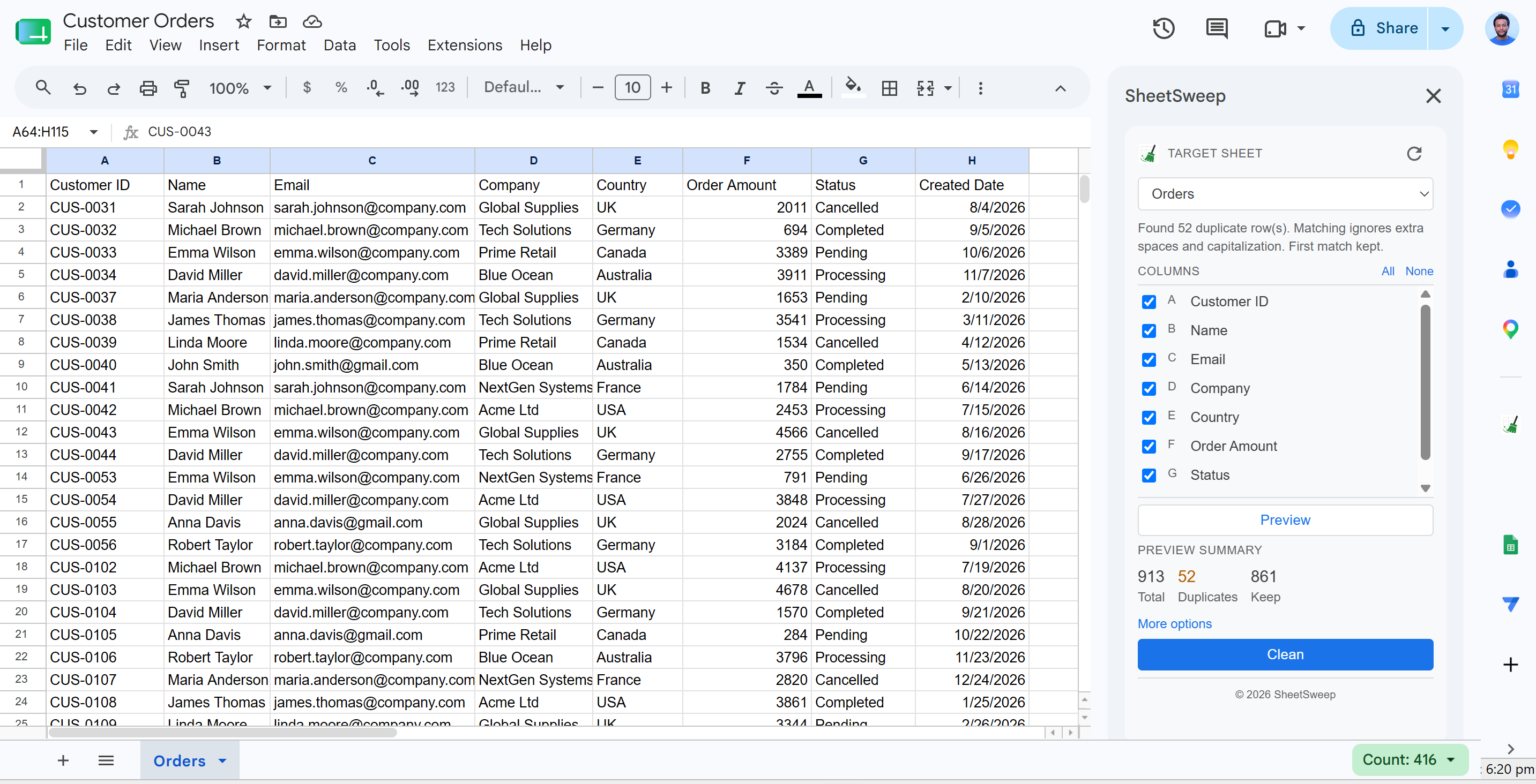 SheetSweep sidebar: preview duplicate counts before cleaning