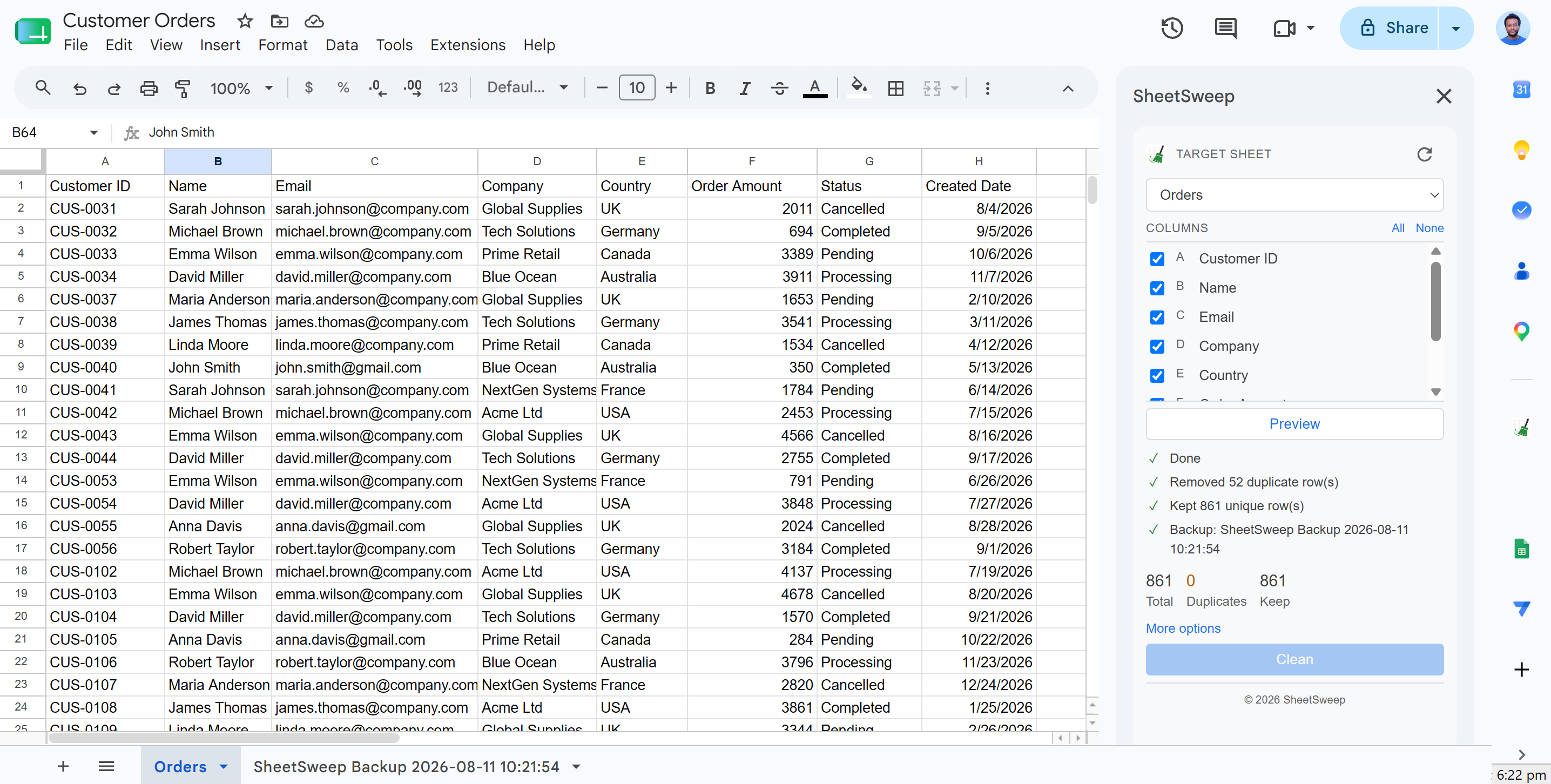 SheetSweep sidebar: clean complete with backup tab